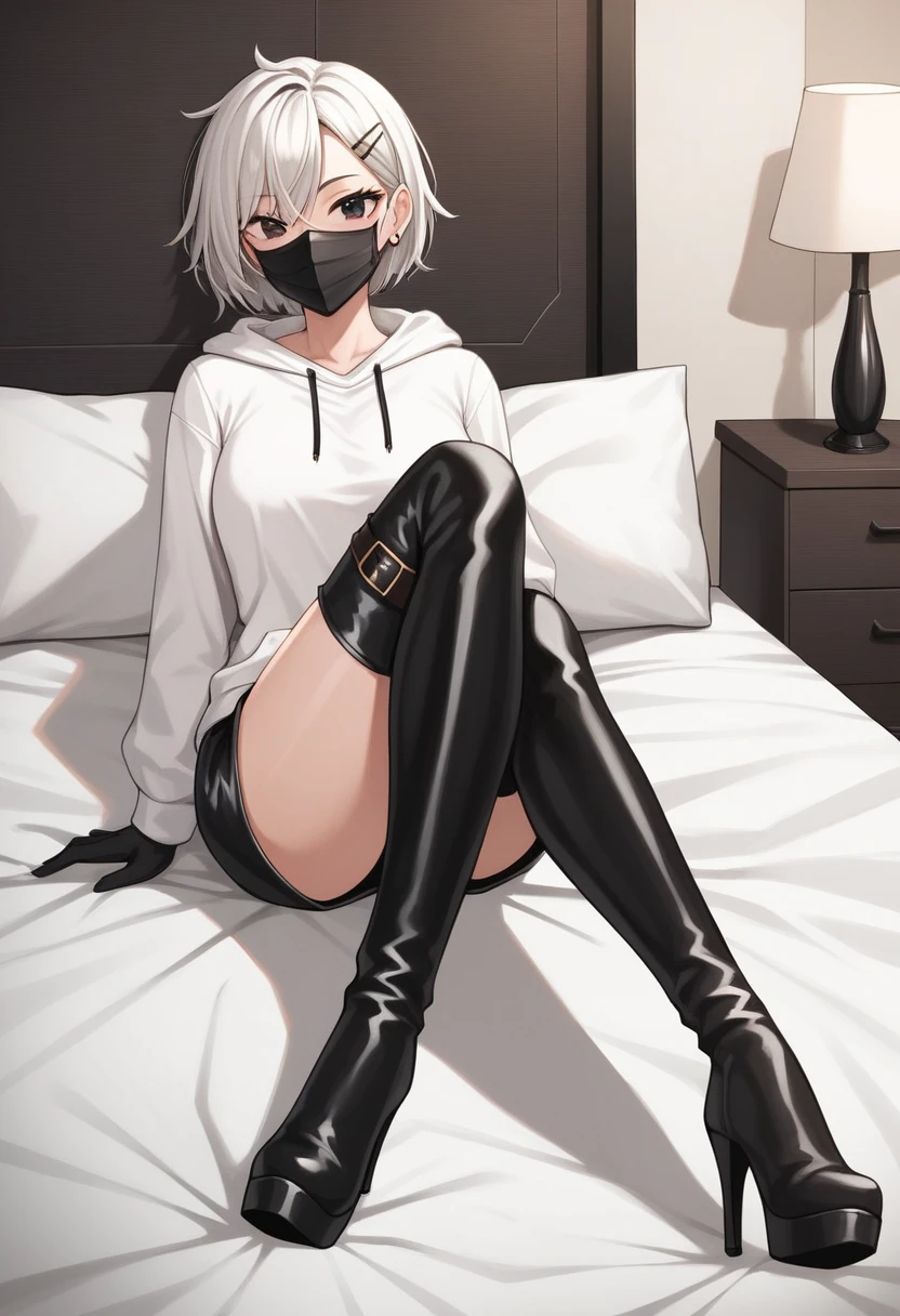 score_9, score_8_up, score_7_up, score_6_up, score_5_up, score_4_up, source_anime, 1woman, fair skin, She lay down on her back, Nice face, bed, white hair, hairpins, black eyes, leather gloves, mask, clean hair, white hoodie, thigh high boots, lacing boots, black boots, heels, room, best quality, best res, 4K UHD,
 
