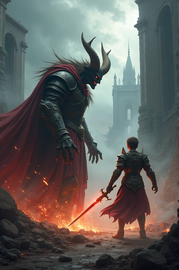 Make a poster about the demon king fighting against the young knight king