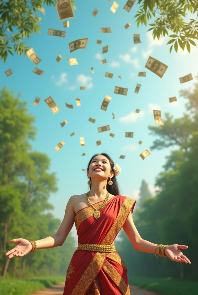 A beautiful Thai girl smiles happily, looks up, and spreads her arms, waiting to receive money, which is falling from the sky in large amounts.