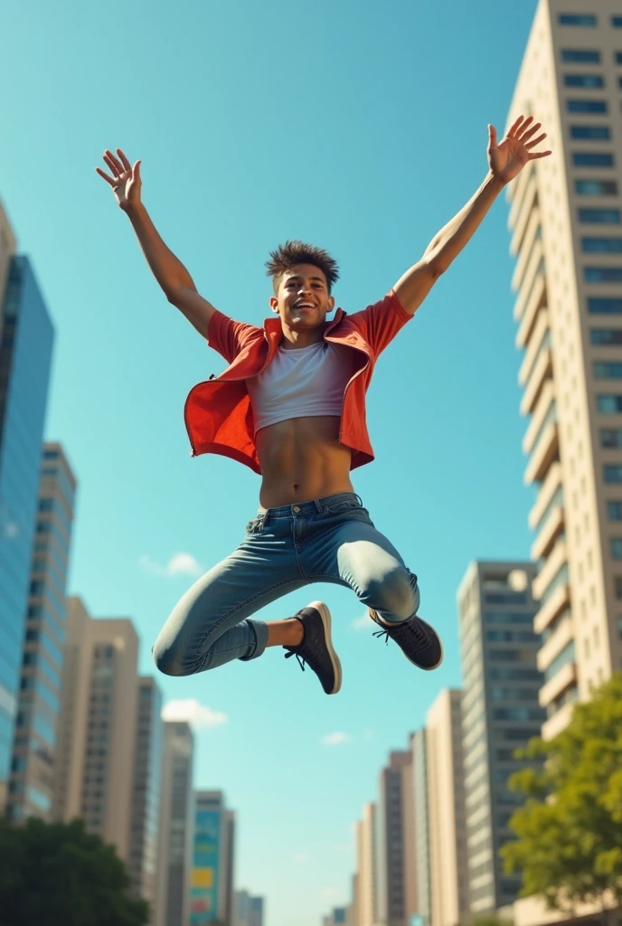 Create a image a jump on hight and capture himself on mobile camera