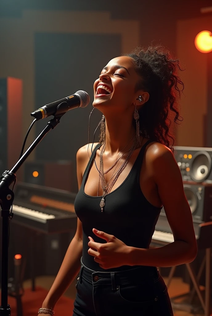 A Brazilian woman singing in a music studio 