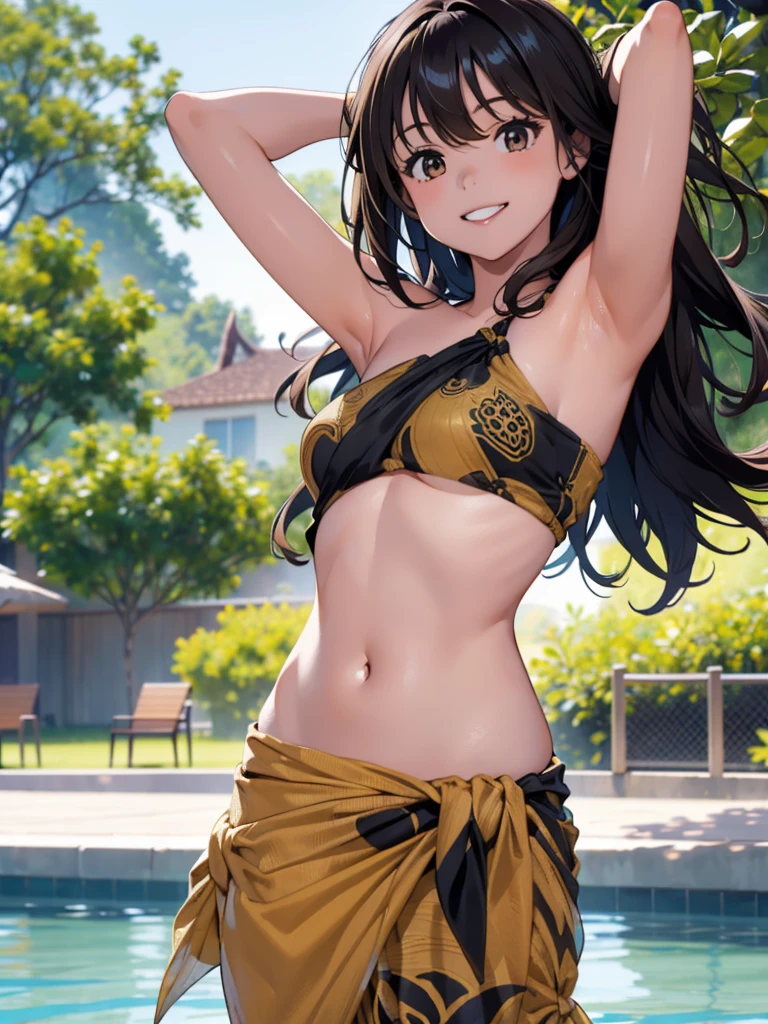 Very detailed、(8k, RAW Photos, highest quality, masterpiece:1.2), (Very detailed 8k wallpaper),shape、Professional Lighting,Sharp focus, Written boundary depth,
Browsing Caution, Clear Eyes, Perfect Anatomy, Girl, cute, adorable, (smiling:1.5), straight hair, long hair, (black hair:1.3), (brown eyes:1.3), standing, (right arm up behind:1.2), (shows armpit:1.2), (left arm Lower waist:1.2), Swayback stance, looking at the camera, From the front, from thighs to head, pool, daylight,(Sarong-pass:1.5)