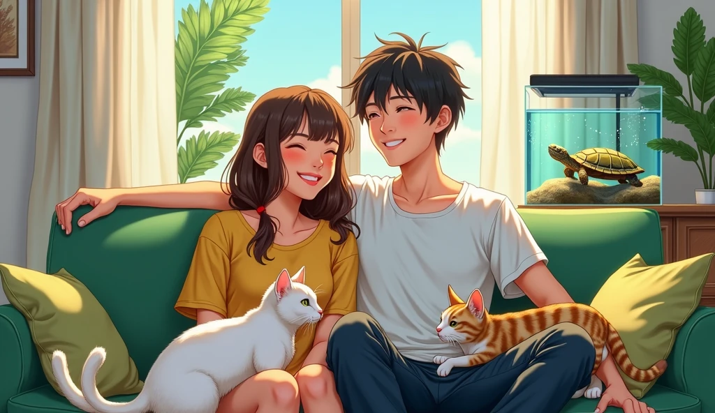 There is a couple in a high-end living room with white and black furniture.,A short-haired man and a long-haired woman are smiling happily on a green sofa,Two cats,A white and a calico cat,There was a relatively small turtle in the fish tank, lying on a rock and watching them.,Anime style,Bright painting style,Warmth