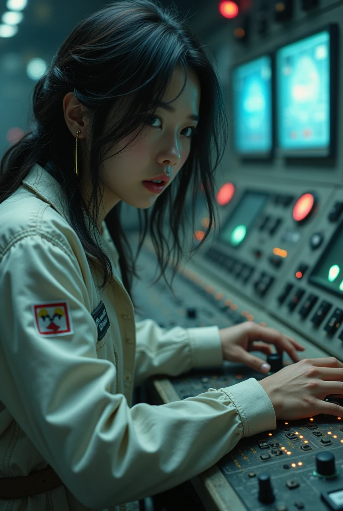 masterpiece, ultra-detailed, ultra-realistic, photorealistic, dramatic scenes, very beautiful Japanese girl, engineer of nuclear power plant, She is frantically working the control panel to prevent the damaged reactor from exploding, at a Control room damaged by a major earthquake