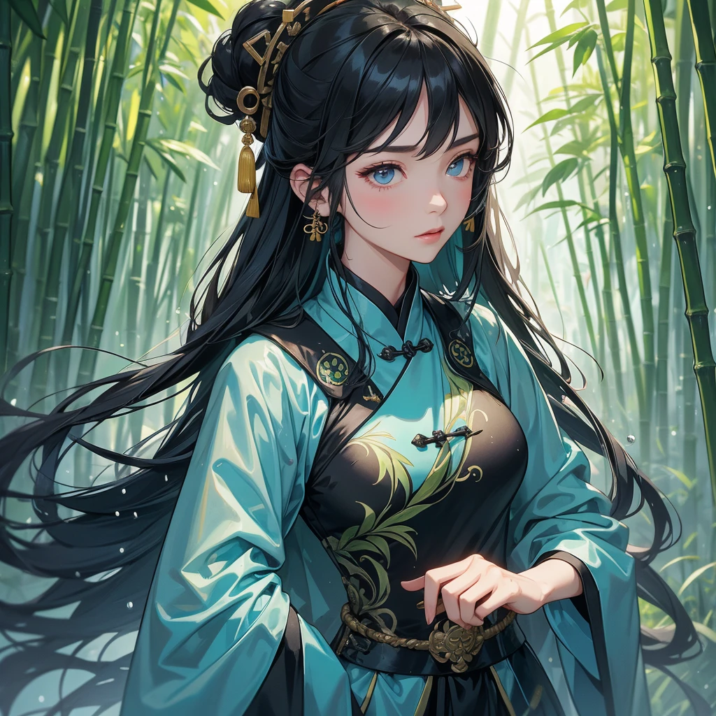A beautiful female general holding a big spear in black-blue ancient Chinese general costume, the back is a lush green bamboo forest. the air after rain has water droplets splashing around, close up.