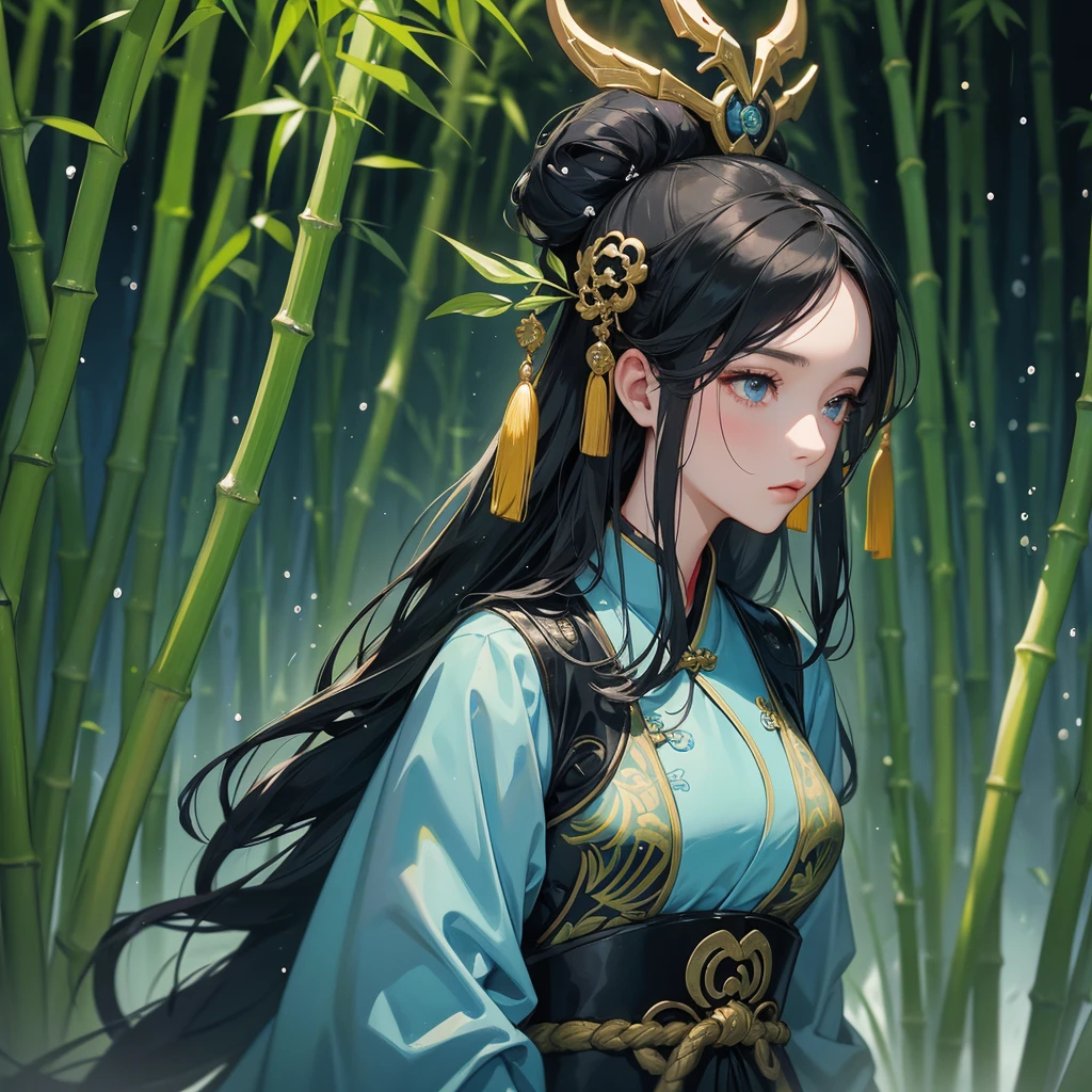 A beautiful female general holding a big spear in black-blue ancient Chinese general costume, the back is a lush green bamboo forest. the air after rain has water droplets splashing around, close up.