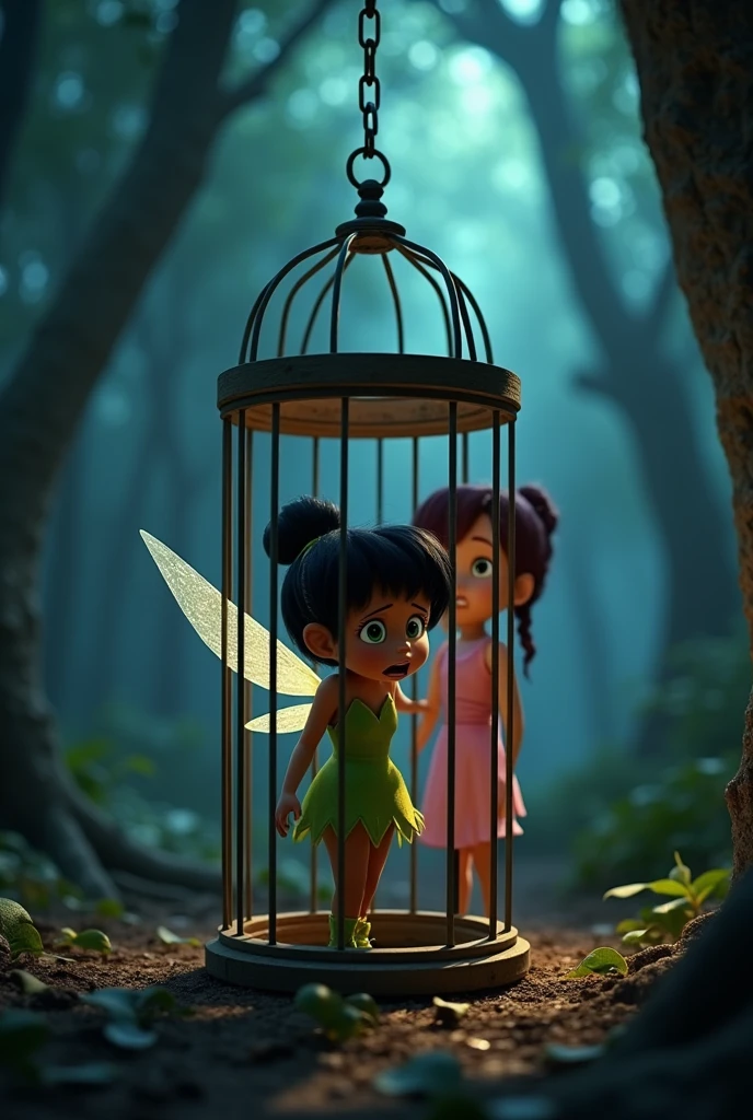 pixar image,  tinkerbell exactly like the original, green dress, but with black hair, brown skin, dark shaped eyes, trapped in a cage with fear, with a  Pixar looking at her from afar, behind tinkerbell , Out of the cage, with pink dress, two braids in the hair, maroon hair, dark shaped eyes, Caucasian skin,Florest dark, with light points 