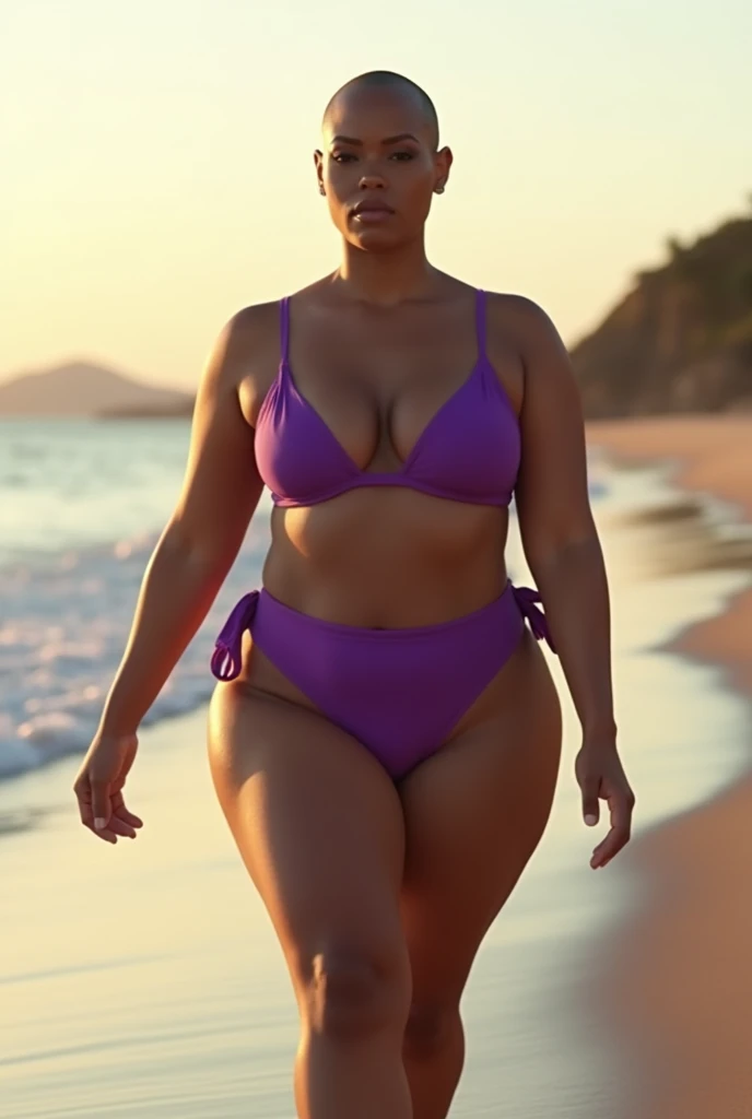 Tyra banx shaved head (very huge size breasts 2.1) very small waist, very wide hips, purple bikini walking on a bech in the early mornnig