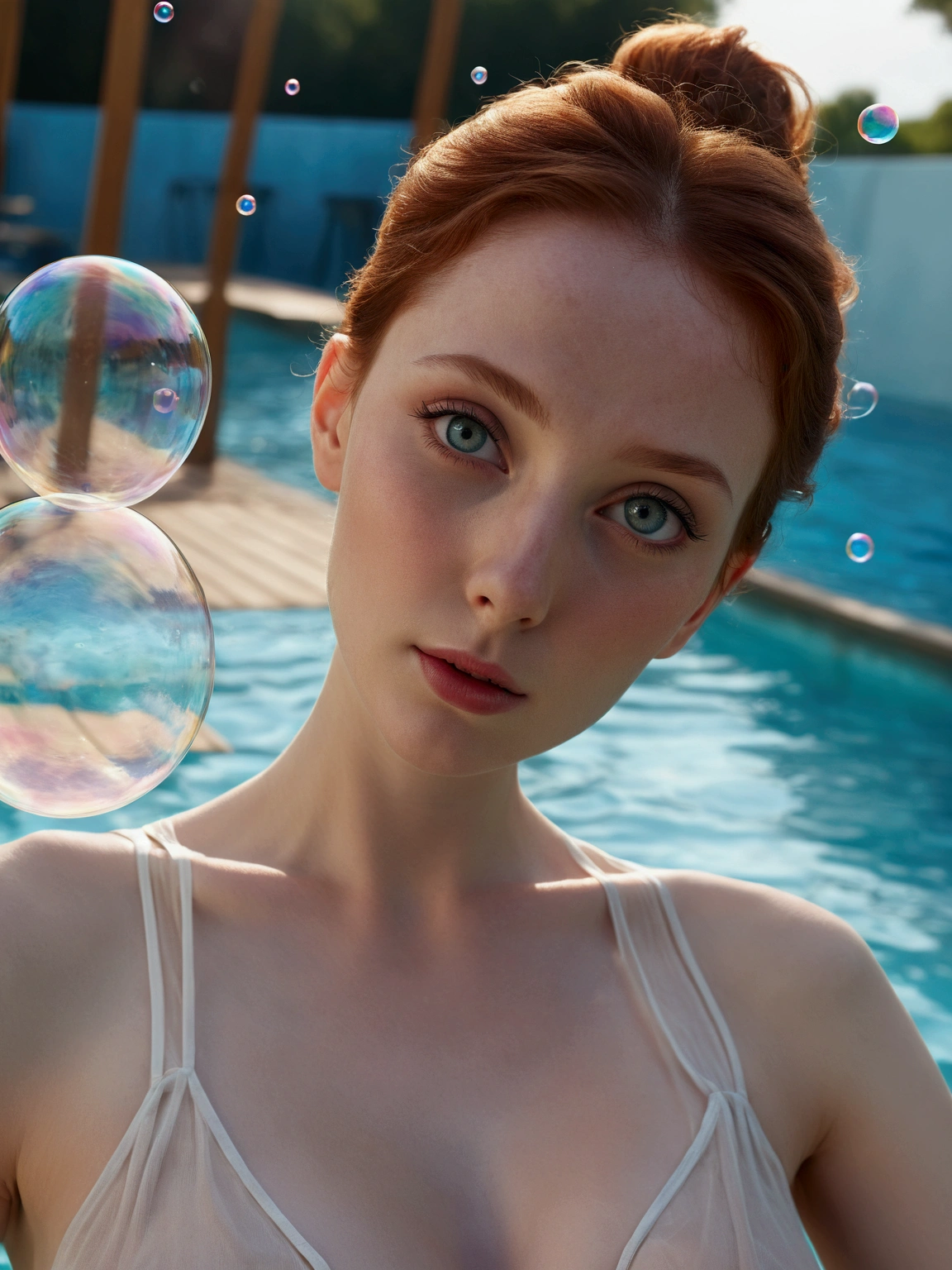 Masterpiece, Best Quality, Cinematic Photos, Digital Artwork Illustrations, Beautiful 2 Woman, Pale Skin, German, Woman Body, Dark Ginger Hair, Very Big Breasts, Bright Eyes, Erotic, (((( ultra-thin see-through fabric)))), (((bubbles on bare chest))), no crop, (pool background), dark illustration style, (8k, cinematic elements, photorealistic. , sharp focus), complex background, cinematic, rule of thirds, backlight, dslr, film grain, complex details, cup g