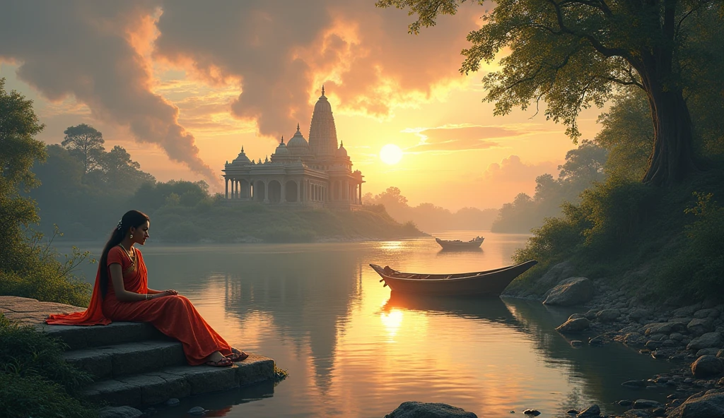 a beautiful long river and sun rise in the river and a  hindu temple in the river a charming background preety girl sitting on the temple of veerenda a boat drowning and 4 person standing on the edge of boat and it was cyclone like background 
