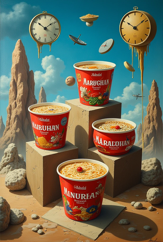 Dali style surrealist painting with Maruchan soup containers
