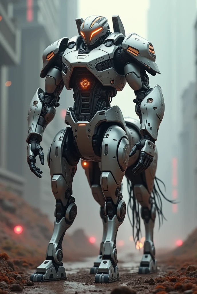 a photo of a mecha robo centaur, base on mythological Centaur, digital art, highly detailed, photorealistic, cinematic lighting, intricate machinery, gleaming metal, glowing energy, dynamic pose, epic scale, futuristic, science fiction