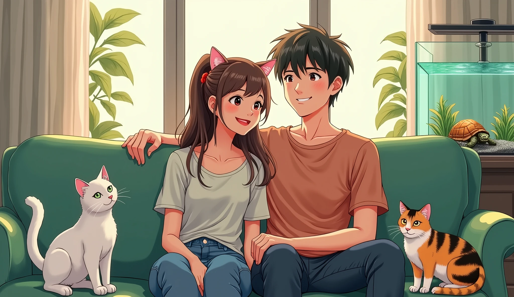 There is a couple in a high-end living room with white and black furniture.,A short-haired man and a long-haired woman are smiling happily on a green sofa,Two cats,A white and a calico cat,There was a relatively small turtle in the fish tank, lying on a rock and watching them.,Anime style,Bright painting style,Warmth