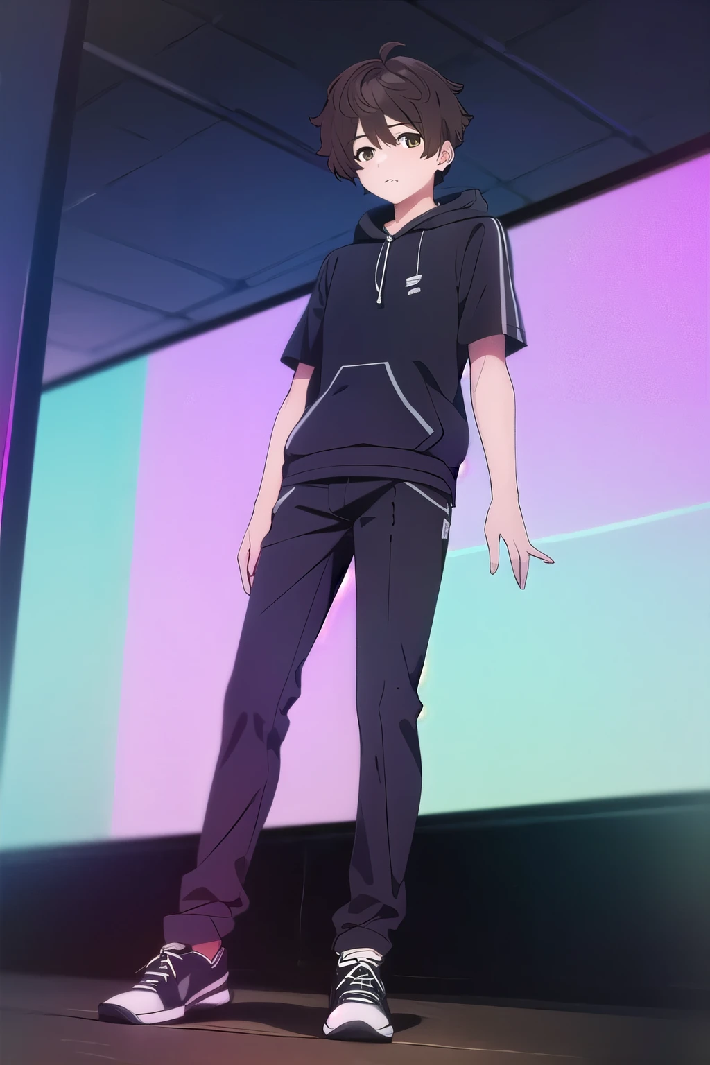 photorealistic, (4k), depth of field, (Masterpiece), (realistic skin texture), extremely detailed, intricate, hyper detailed, high resolution, professional photography, , depth of field, sharp detail, best quality, , 1boy, solo, male focus, shun_tokinoya, brown hair, brown eyes, , bangs, , , Fiesta, HD, Con Auriculares, sudadera, cuerpo completo, pantalon largo, tenis blanco & , Dj, De la cabeza hasta los pies, manos alzadas.