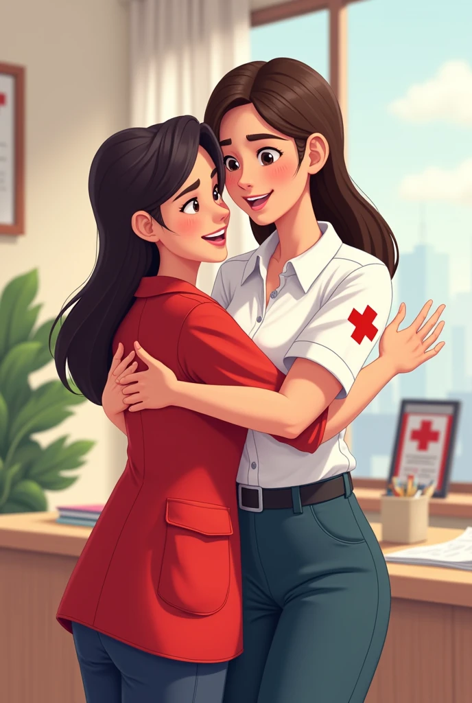 Educator hugging an animated Red Cross paramedic