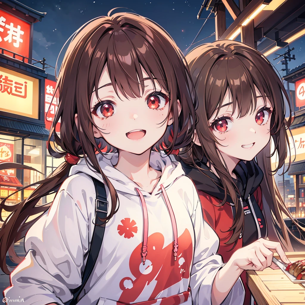 kawaii, anime, Cute, hyper quality, highly detailed, 8k, Clarity, Draw facial expressions in detail, red eyes, brown hair, Yakiniku restaurant background, highlight on eyes, wear a hoodie, lively, smile, infect one person, casual, holding tongs, light shines, night, dark, upward glance, 	