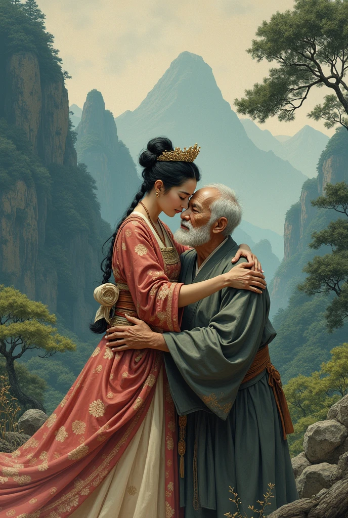 Japanese long ago々 A beautiful princess and an old peasant man and woman are hugging each other and crying god々The era of Deep in the mountains