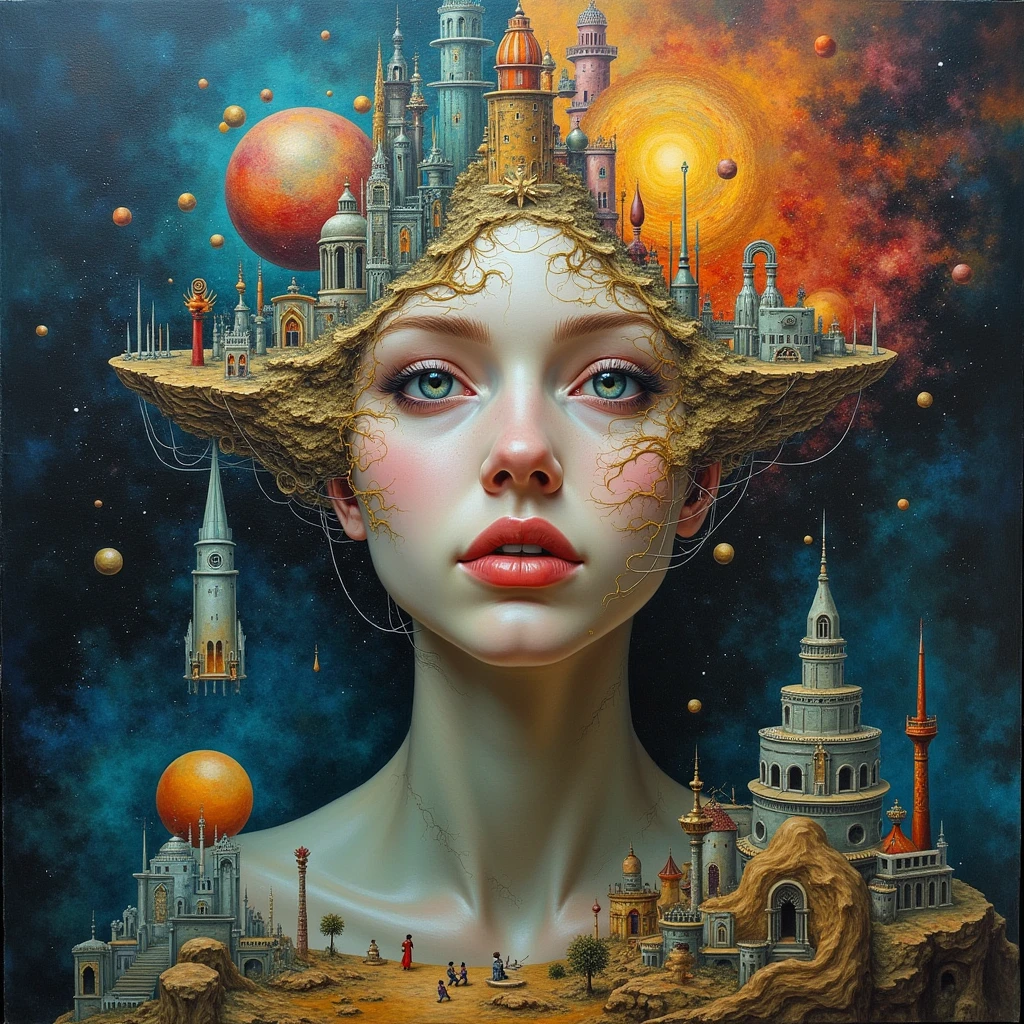 Adda Barrios' "Woman and Reality" is a piece that explores the concept of reality, delving into the essence of what is real versus what is imagined or hypothetical. The artwork juxtaposes different layers of existence, capturing the complexity of reality as it is perceived, questioned, and understood within the universe. Through the figure of a woman, the piece encapsulates the vast spectrum of reality, from the tangible to the abstract, the known to the unknown.