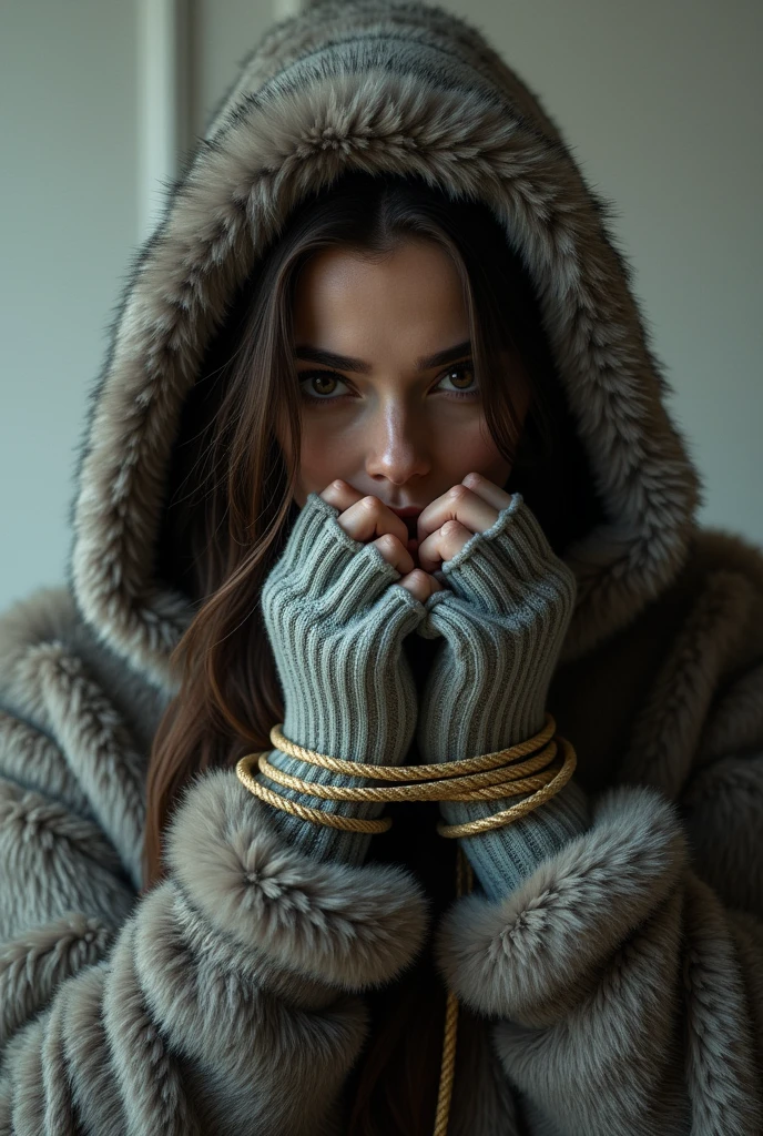 Beautiful yung women, wear hooded fur jacket, knitted gloves, mouth gagged with ball gag, tied with ropes tight