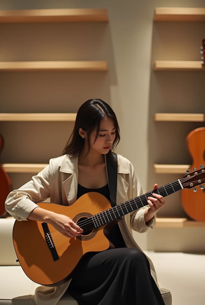 the minimal guitar shop. a lady beauty guitar player, horizontal picture