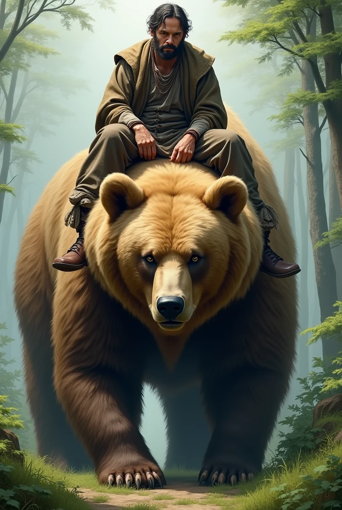 a poor man sittings on a beautiful bear