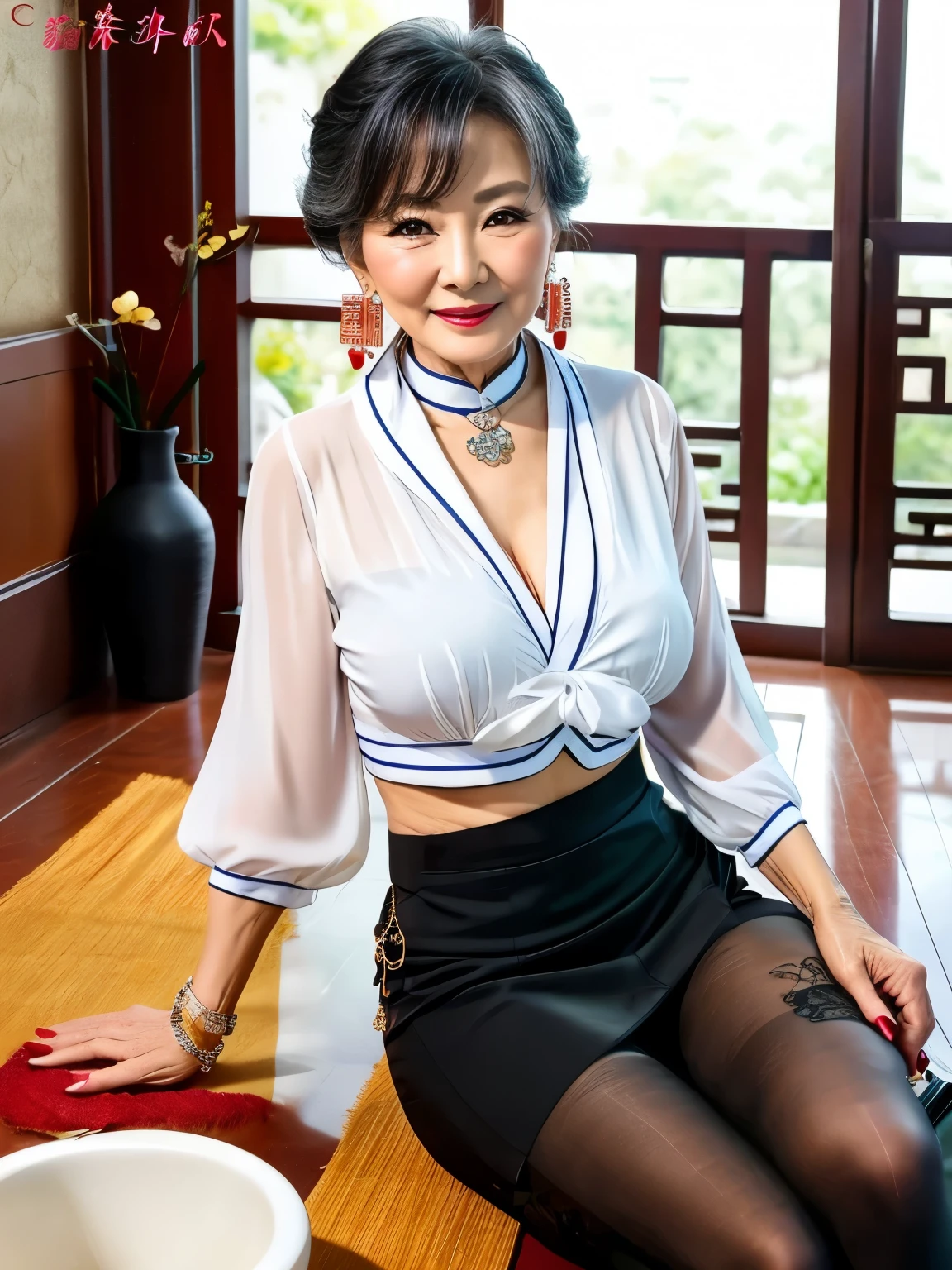 77 years old mom milf Chinese Lady large earring Big choker navel piercing decoration A bracelet realisitic Gorgeous Madame Beautiful Mature Woman sexly Smile Gentle woman navel piercing 4K High quality Gorgeous Madame Beautiful Mature Woman