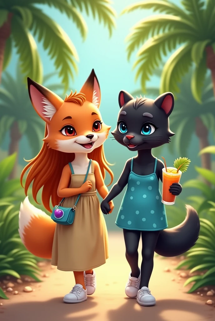  Cute anthropomorphic orange fox of small stature in a dark beige full-length sundress. The fox has long orange hair that reaches the floor.. Fox shoes white sneakers. A fox holds a sling with a grape cocktail and a straw in its paw. Next to her is a cute anthropomorphic black panther the size of a fox., The panther has blue eyes. The panther has a hairstyle of two long ponytails. The panther is dressed in a bright blue short mini sundress with white polka dots. Panther shoes blue sneakers. Panther holds a sling with a mango cocktail and a straw in its paw. They walk holding paws along a path in a palm forest.. The fox is wearing a beige floor-length dress, and the panther has a bright blue mini sundress.