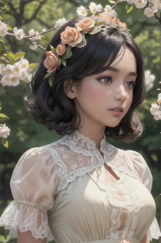 Black Lady, close up portrait kodachrome camera transparent, 1950s, Beautiful pose, Green field outdoor background, Under the old oak tree, Flower Meadow Ebony Playmate of the Month, (Peach and cream silk lace dress:1.2), Waist