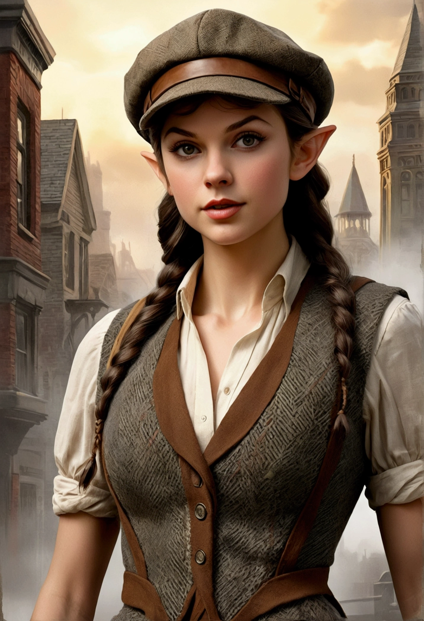 An illustrated movie poster, hand-drawn, full color, an elven maiden, wearing a tweed vest and a newsie cap, tall, toned, amazonian stature, athletic hourglass figure, busty bosom, long pointy elf ears, amber eyes, dark hair, warm almond skintone, freckles, resembles Taylorr Swift, standing on a foggy Victorian-era street corner, graphite shading, stencil marks, airbrushed acrylic paint, masterpiece, elf ears