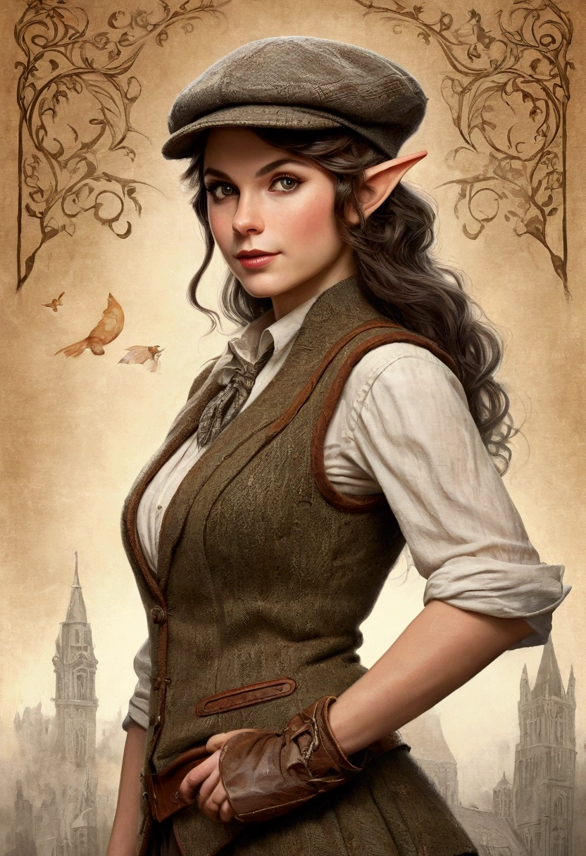 An illustrated movie poster, hand-drawn, full color, an elven maiden, wearing a tweed vest and a newsie cap, tall, toned, amazonian stature, athletic hourglass figure, busty bosom, long pointy elf ears, amber eyes, dark hair, warm almond skintone, freckles, resembles Taylorr Swift, standing on a foggy Victorian-era street corner, graphite shading, stencil marks, airbrushed acrylic paint, masterpiece, elf ears