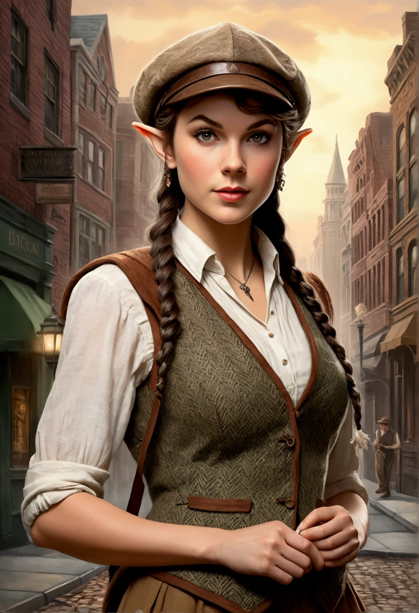 An illustrated movie poster, hand-drawn, full color, an elven maiden, wearing a tweed vest and a newsie cap, tall, toned, amazonian stature, athletic hourglass figure, busty bosom, long pointy elf ears, amber eyes, dark hair, warm almond skintone, freckles, resembles Taylorr Swift, standing on a foggy Victorian-era street corner, graphite shading, stencil marks, airbrushed acrylic paint, masterpiece, elf ears