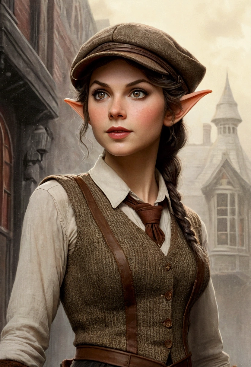 An illustrated movie poster, hand-drawn, full color, an elven maiden, wearing a tweed vest and a newsie cap, tall, toned, amazonian stature, athletic hourglass figure, busty bosom, long pointy elf ears, amber eyes, dark hair, warm almond skintone, freckles, resembles Taylorr Swift, standing on a foggy Victorian-era street corner, graphite shading, stencil marks, airbrushed acrylic paint, masterpiece, elf ears