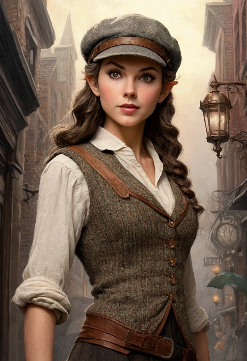 An illustrated movie poster, hand-drawn, full color, an elven maiden, wearing a tweed vest and a newsie cap, tall, toned, amazonian stature, athletic hourglass figure, busty bosom, long pointy elf ears, amber eyes, dark hair, warm almond skintone, freckles, resembles Taylorr Swift, standing on a foggy Victorian-era street corner, graphite shading, stencil marks, airbrushed acrylic paint, masterpiece, elf ears