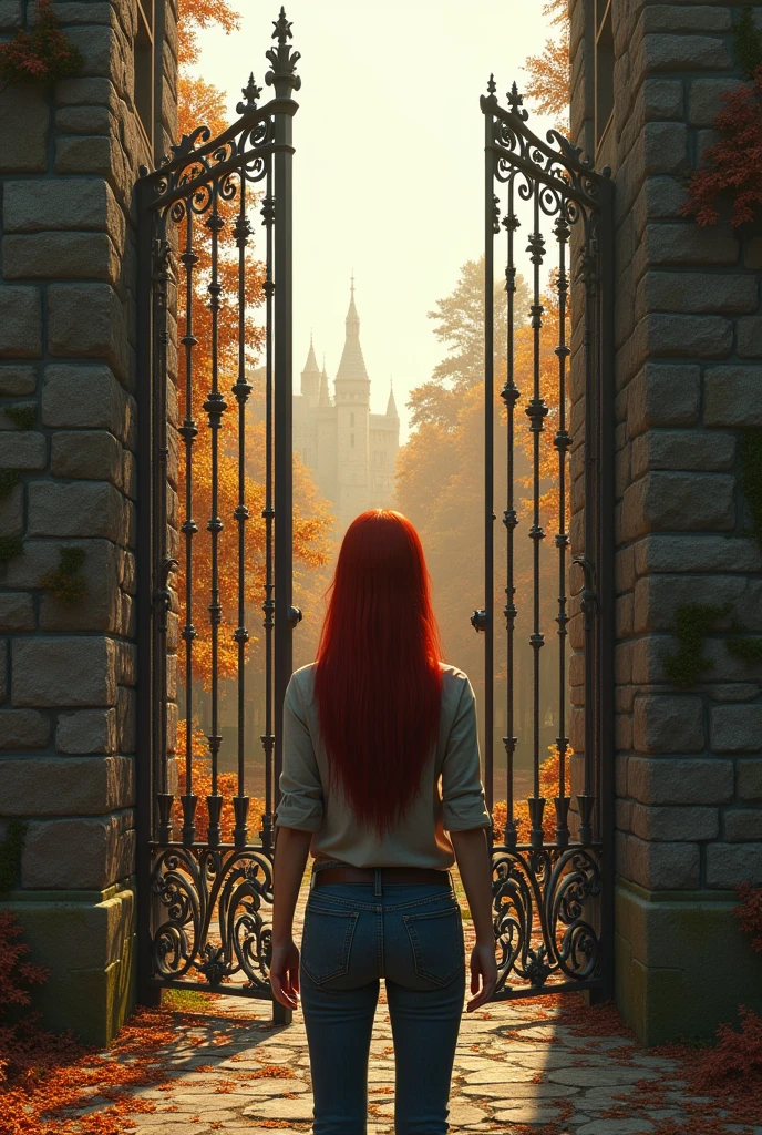 A young redhead woman with long straight hair wearing jeans and a shirt From behind . It faces a large castle gate. This gate is made up of 3 very elaborate wrought iron gates of different sizes and stone columns. The background of the photo is composed of a forest in autumn. the atmosphere must be worrying.The photo was taken in the late afternoon. The rendering must be very realistic..
The photo must have a wider shot than the portal.