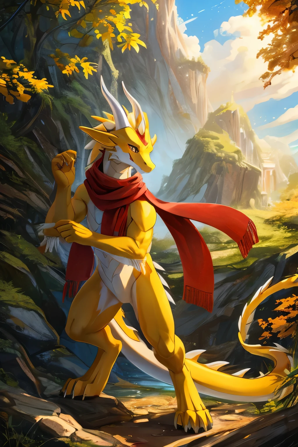 (anime), (front facing), (looking at the camera), slim furry white thunder dragon using thunder magic, yellow secondary body color, (yellow, orange, red and black undertones), smooth skin, very long muzzle, neck and tail fur, digitigrade, creative horns, feathers, (wearing only a scarf), nature background, full body