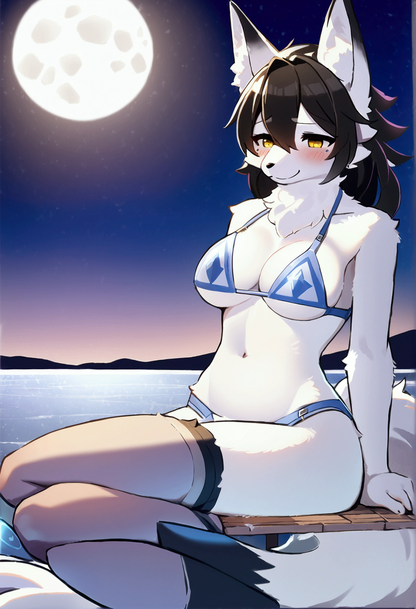 (top quality, best quality, High-quality illustrations, masterpiece, 16k, 1080p, uploaded on e621)(kemono, furry, anthro, alone), round, 1 female, hot mother figure, very detailed body face and eyes, white fox, Tiare, (Alchemy Stars), white fur, fluff, average breasts, tail, perfect eyes, yellow eyes, black hair, beautiful winter bikini, winter legwear, beautiful night on frozen lake, body movement, body twitching, shy smile, red blushing,