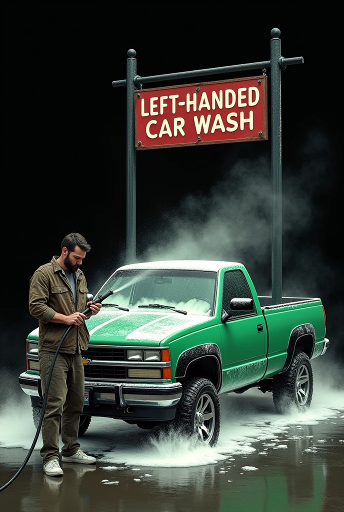 Draw a 2D image. The background color should be black and inside there is a person with a short black beard and a pressure washer spraying water on a 1994 Chevrolet Blazer, green, double-cab with black rims.. that the truck is soaped. That says on the top “left-handed car wash”