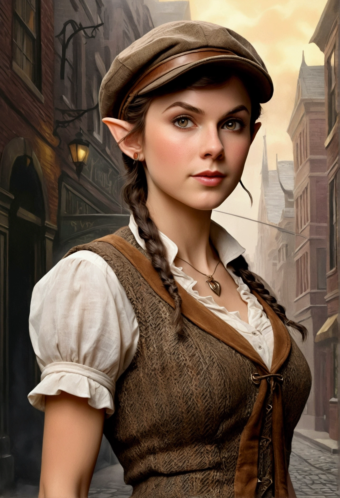An illustrated movie poster, hand-drawn, full color, an elven maiden, wearing a tweed vest and a newsie cap, tall, toned, amazonian stature, athletic hourglass figure, busty bosom, long pointy elf ears, amber eyes, dark hair, warm almond skintone, freckles, resembles Taylorr Swift, standing on a foggy Victorian-era street corner, graphite shading, stencil marks, airbrushed acrylic paint, masterpiece, elf ears