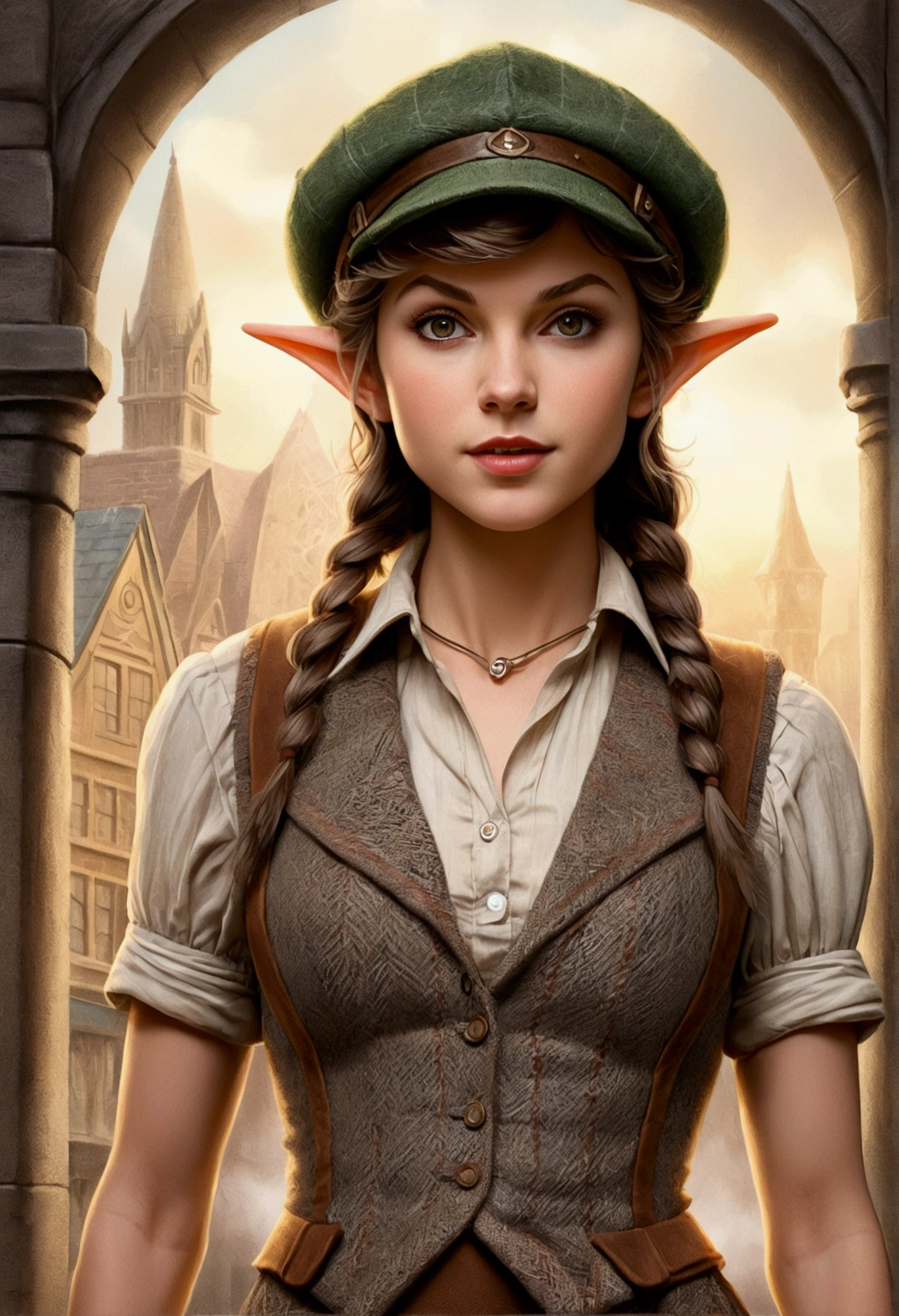 An illustrated movie poster, hand-drawn, full color, an elven maiden, wearing a tweed vest and a newsie cap, tall, toned, amazonian stature, athletic hourglass figure, busty bosom, long pointy elf ears, amber eyes, dark hair, warm almond skintone, freckles, resembles Taylorr Swift, standing on a foggy Victorian-era street corner, graphite shading, stencil marks, airbrushed acrylic paint, masterpiece, elf ears
