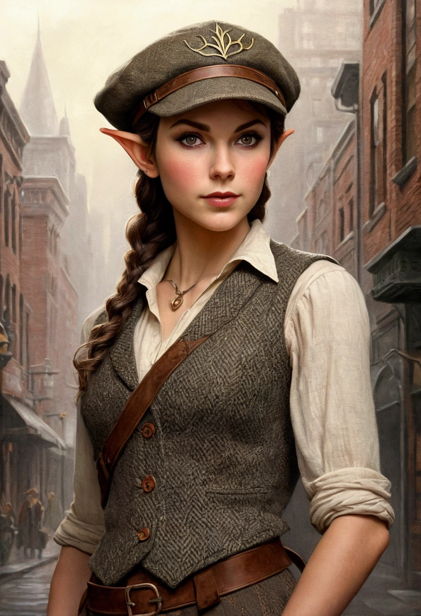 An illustrated movie poster, hand-drawn, full color, an elven maiden, wearing a tweed vest and a newsie cap, tall, toned, amazonian stature, athletic hourglass figure, busty bosom, long pointy elf ears, amber eyes, dark hair, warm almond skintone, freckles, resembles Taylorr Swift, standing on a foggy Victorian-era street corner, graphite shading, stencil marks, airbrushed acrylic paint, masterpiece, elf ears