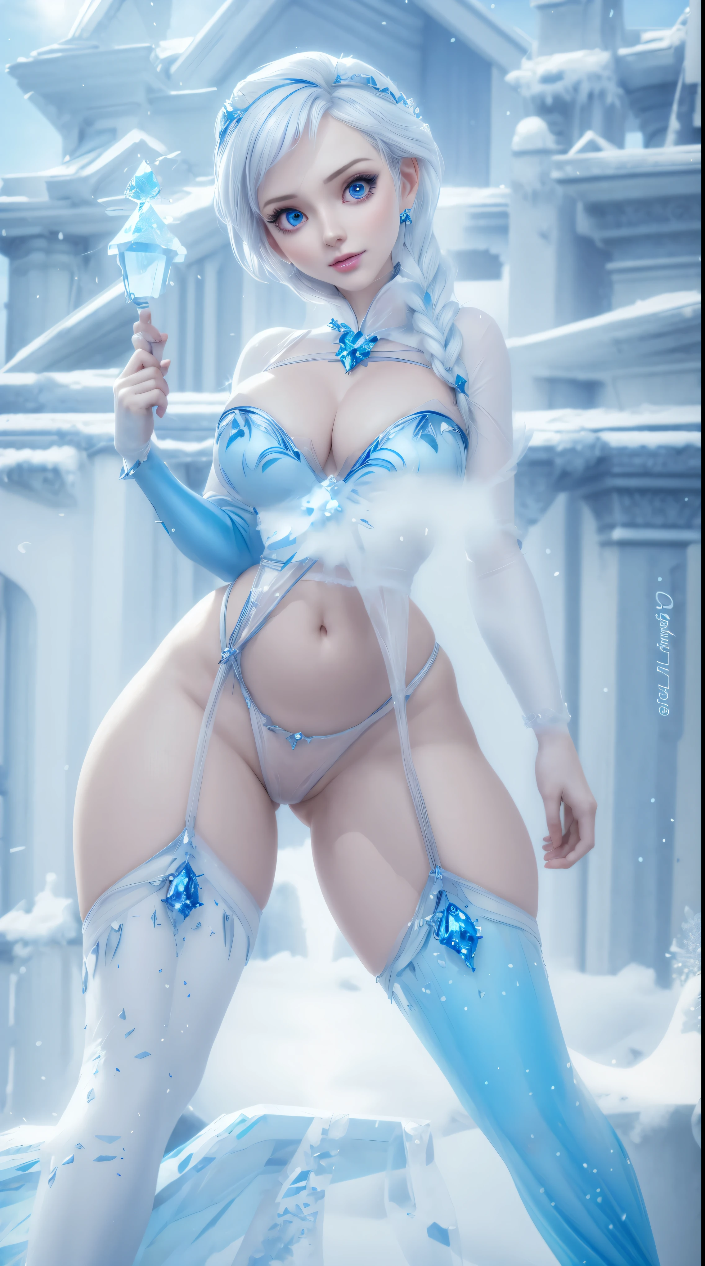 arafed woman in a blue dress posing in front of a building, crystal maiden, trending on cgstation, ice sorceress, crystalline skin, , ice queen, winter princess, extremely detailed artgerm, better known as amouranth, amouranth, freezing blue skin, ig model | artgerm, ice princess,pale skin,voluptuous body, thick ass,wide hips