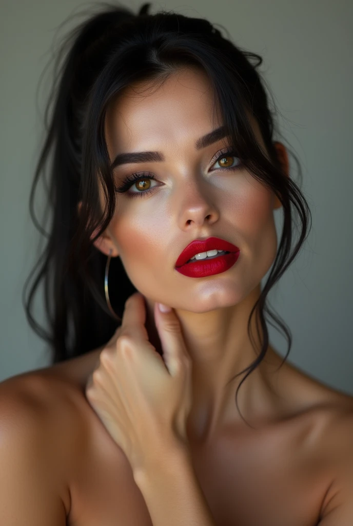 close-up, extreme close-up, close-up portrait, portrait, close-up on her lips, ultra realistic, photography, long black straight hair in a ponytail, elegant perfect hair, (30 years old, hazel eyes, hourglass figure, perfect fit body, natural big breasts), firtatious look, crimson red lipstick, femme fatale, she is a sex icon, she is a sex goddess, long eyelashes, cat-eye make-up, she is completely nude, she is completely naked, focus on her lips, highlight her lips, she has her hands on her neck and her head slightly leans backwards, her eyes focus the camera and her lips are slightly parted, seductive lips