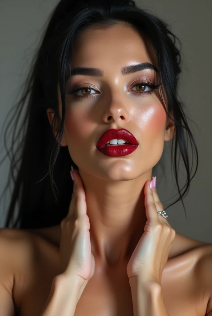 close-up, extreme close-up, close-up portrait, portrait, ultra realistic, photography, long black straight hair in a ponytail, elegant perfect hair, (30 years old, hazel eyes, hourglass figure, perfect fit body, natural big breasts), firtatious look, crimson red lipstick, femme fatale, long eyelashes, cat-eye make-up, she is completely nude, she is completely naked, highlight her cleavage, highlight her curves, she has her hands on her neck and her head slightly falls backwards, her eyes focus the camera and her lips are slightly parted, she is a sex symbol