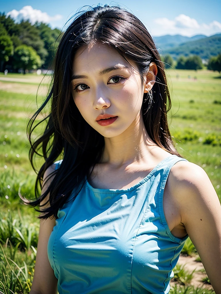8k, 。...........。.。.。.3d, realist, Ultra-Micro Photography, highest quality, 슈퍼 더터 CG 유니티 8k,Beautiful woman with water droplets,On the grassy hill,random background,Blue sky,white cloud, Boca Mood, long loose hair,The grass sways in the wind.,Nikon photo effects