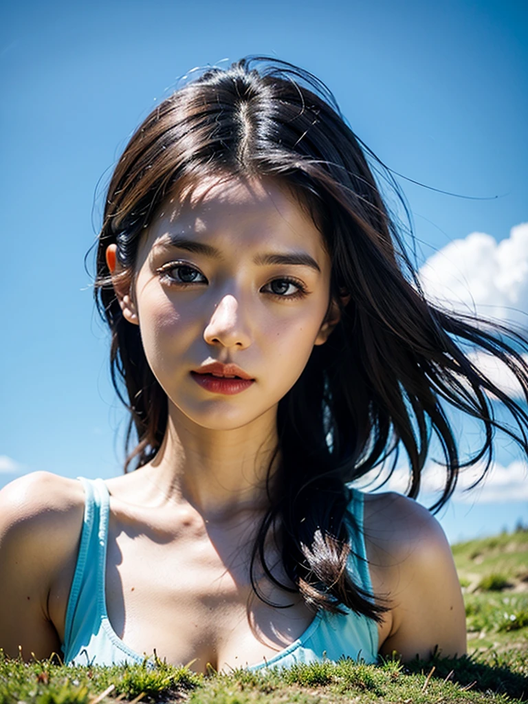 8k, 。...........。.。.。.3d, realist, Ultra-Micro Photography, highest quality, 슈퍼 더터 CG 유니티 8k,Beautiful woman with water droplets,On the grassy hill,random background,Blue sky,white cloud, Boca Mood, long loose hair,The grass sways in the wind.,Nikon photo effects