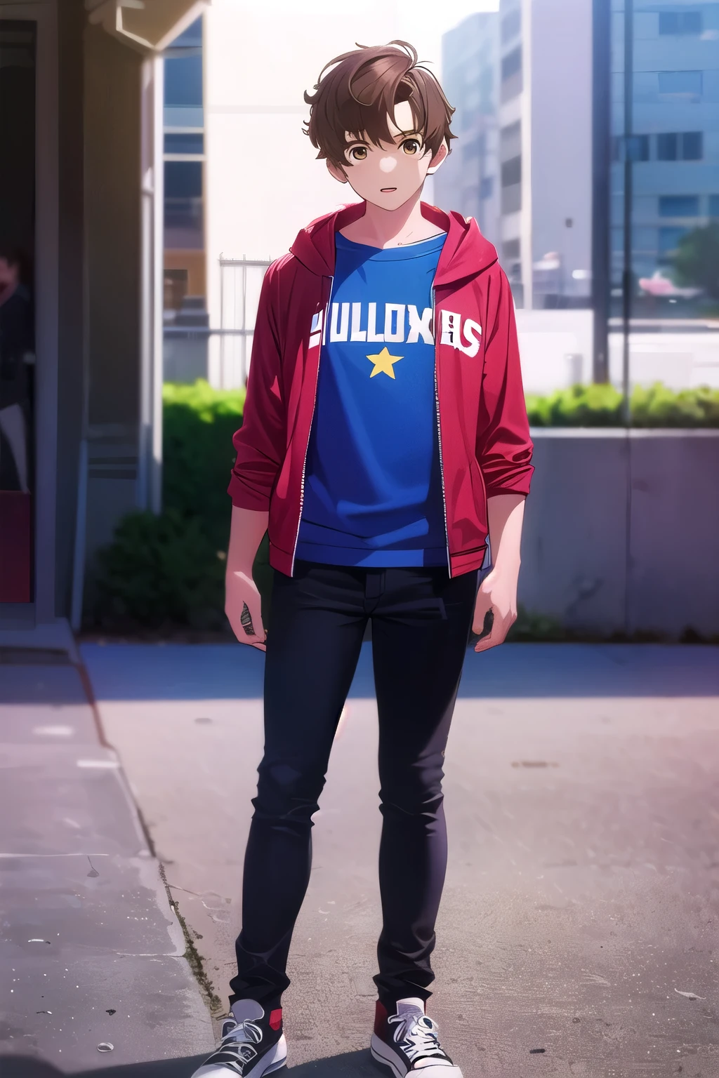 photorealistic, (4k), depth of field, (Masterpiece), (realistic skin texture), extremely detailed, intricate, hyper detailed, high resolution, professional photography, , depth of field, sharp detail, best quality, , 1boy, solo, male focus, shun_tokinoya, brown hair, brown eyes, , bangs, , , HD, Con Auriculares, sudadera roja, cuerpo completo, tenis converse, mascara de Star-lord, Star-lord, Star-lord Mask, Star-Lord (Guardians of the galaxy), Star-lord (peter quill)