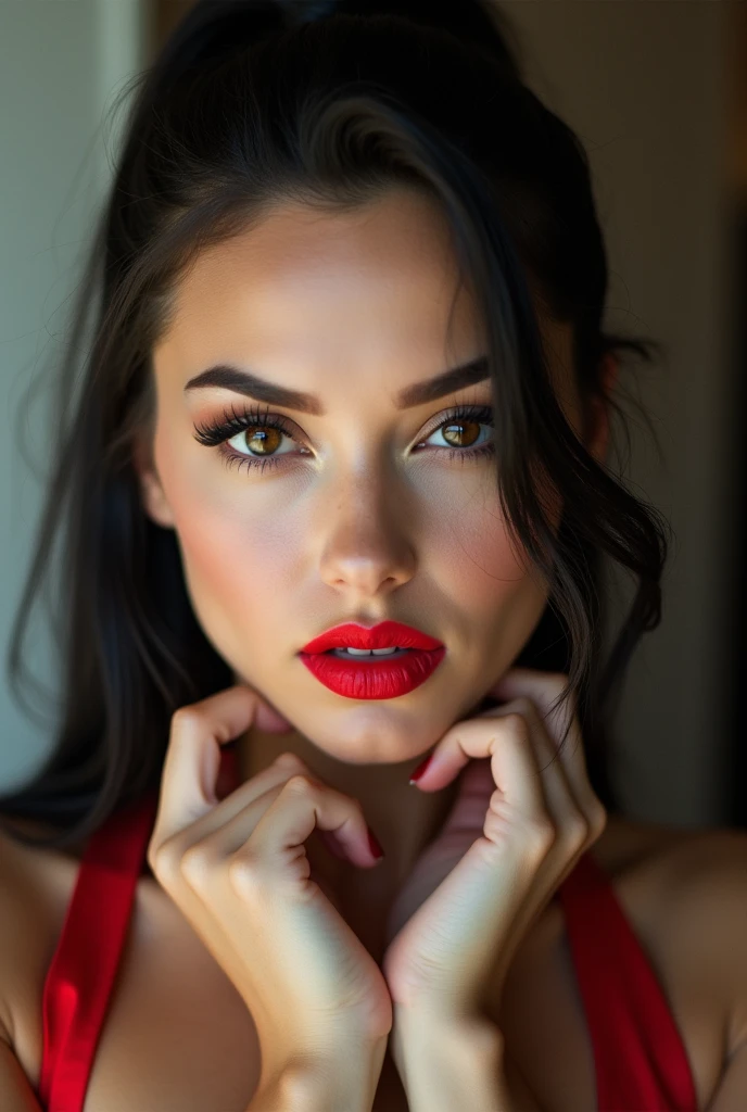 close-up, extreme close-up, close-up portrait, portrait, close-up on her lips, ultra realistic, photography, long black straight hair in a ponytail, elegant perfect hair, (30 years old, hazel eyes, hourglass figure, perfect fit body, natural big breasts), firtatious look, crimson red lipstick, femme fatale, she is a sex icon, she is a sex goddess, long eyelashes, cat-eye make-up, she is completely nude, she is completely naked, focus on her lips, highlight her lips, she has her hands on her neck and her head slightly leans backwards, her eyes focus the camera and her lips are slightly parted,