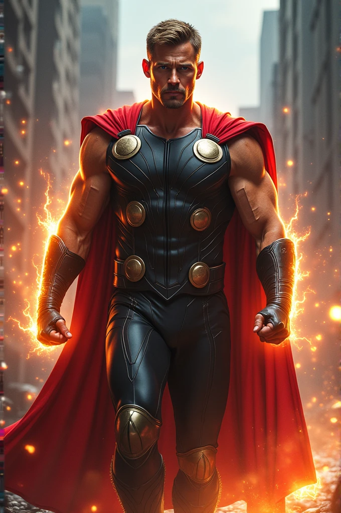 a muscular man with superman strength, incredible speed like reverse flash, wearing a suit resembling thor, height 178cm, detailed facial features, highly detailed, 8k, photorealistic, cinematic lighting, dramatic pose, dynamic composition, vibrant colors, epic, heroic, powerful, muscular body, defined abs, veins, intense expression, glowing eyes, lightning effects, metallic suit details, flowing cape, dramatic shadows, dramatic lighting