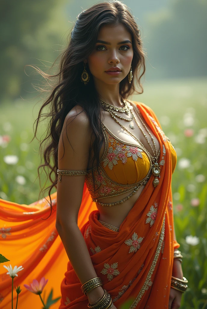 portrait,(NSFW 0.75) boy,woman, ((princess pose)) ,very very big breast, soft nylon sexy bikini, red , pink ,teal,red, yellow colour ,flower design modern light wedding saree,  colorful, flower armor,  good anatomy,  best quality,  (((masterpiece))),  high quality,  realist,  best detailed,  details,  realist skin,  skin detailed,  underboobs,  beautiful  posing under a fairy tale of exotic magic,lehenga choli, girl immersed in water , soaked saree, meadows background , bokeh effect , chubby , nipple slip , put milk in breast,off shoulder, strapless blouse, different saree wearing style,(multi chain jewellery blouse),(wearing jewellery on blouse)(buttocks and looking back)