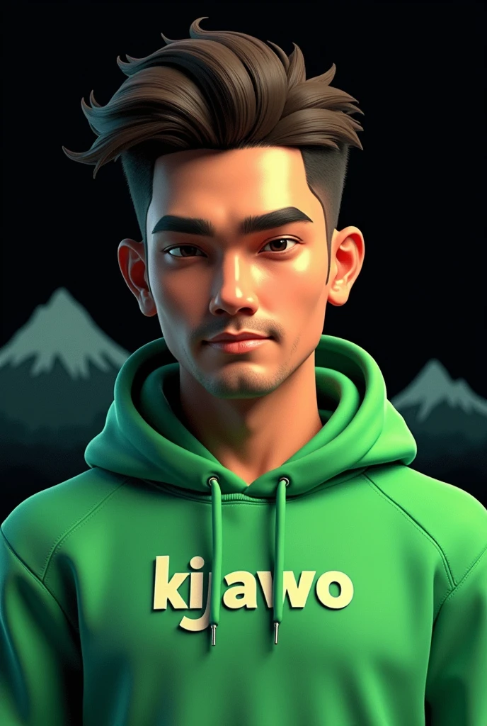 a man3d wear hoodie green pop up name "kijawo"handsome flag black background gunung